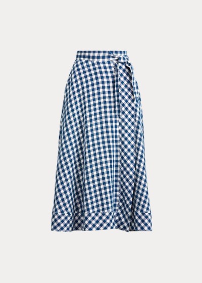 Falda Polo Ralph Lauren Mujer Azules / Blancos - Gingham Linen Wrap - JIQTG9652